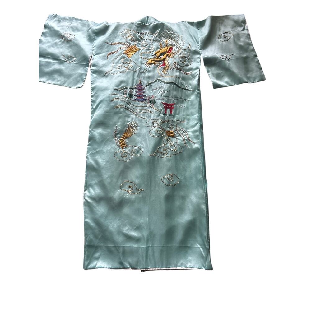 Vintage 1960s Satin Kimono Robe Heavily Embroidered Dragon Mint Green OS XS-L - Picture 2 of 5